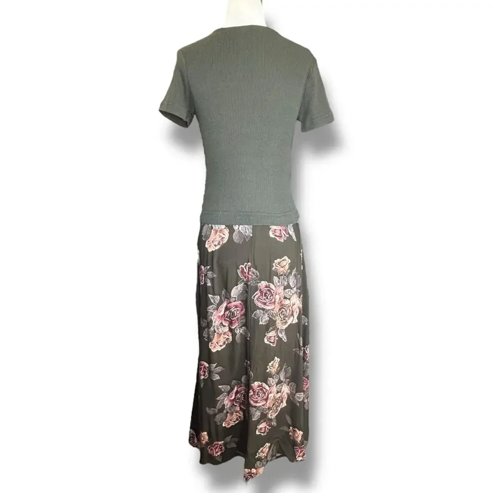 Vintage 90s Faux Two Piece Forrest Green Baby Pink Knit Top Dark Floral Maxi - Picture 4 of 7